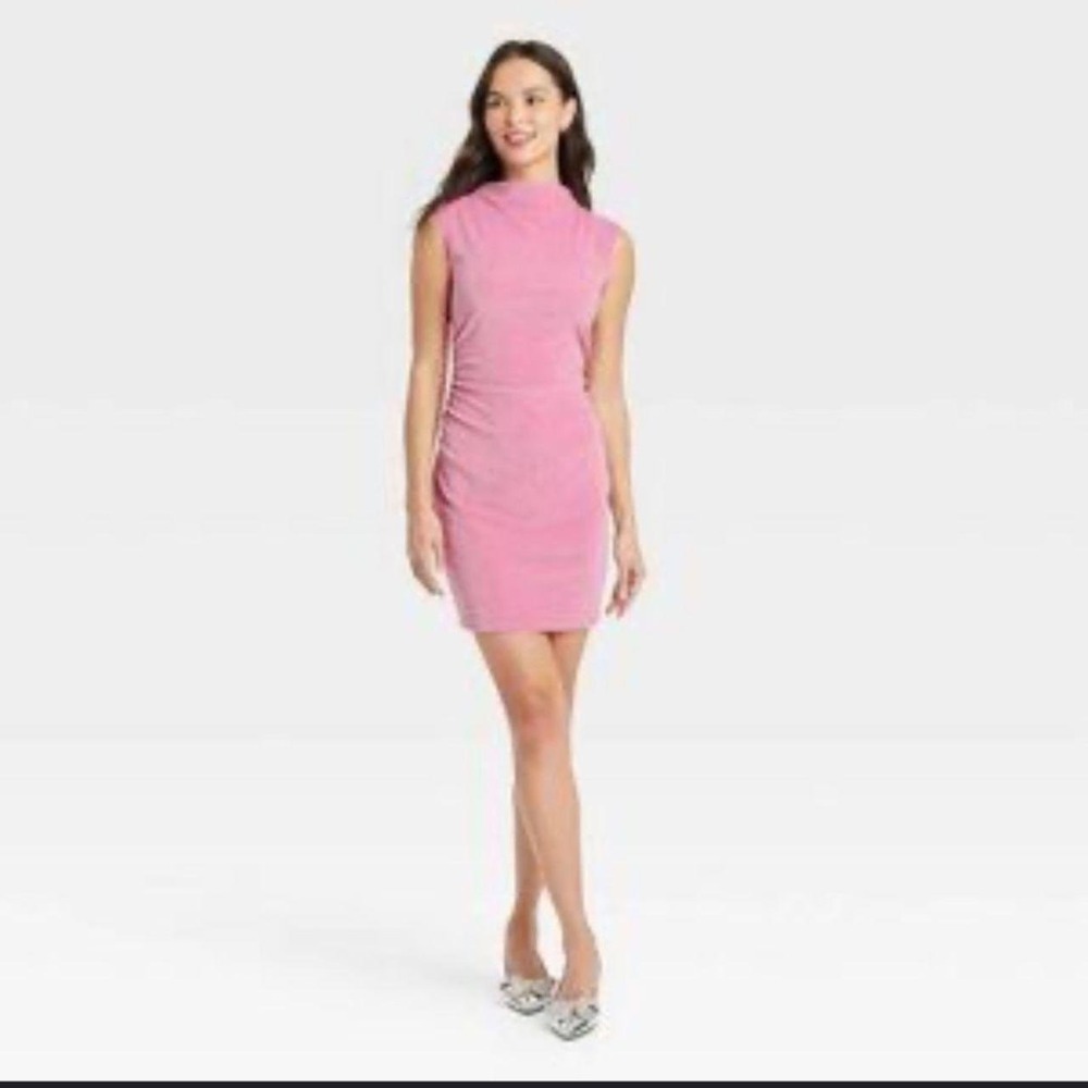 A New Day‎ Mauve Pink Velvet Mock Neck Ruched Sleeveless Midi Dress Medium NWT
